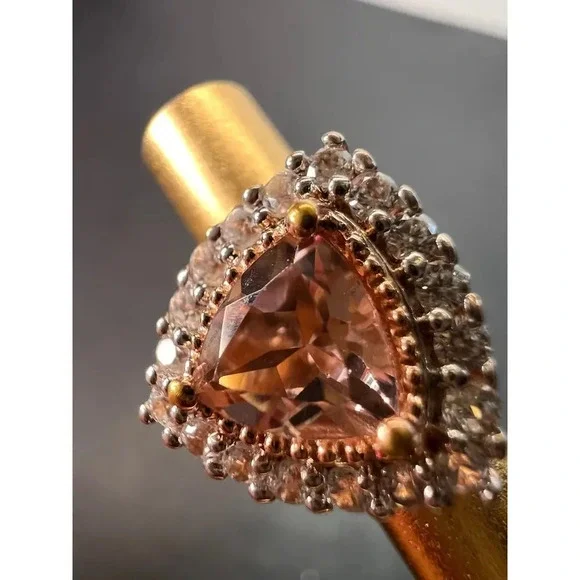 Morganite and zircon trillion halo rose gold over sterling stud earrings - Picture 2 of 10